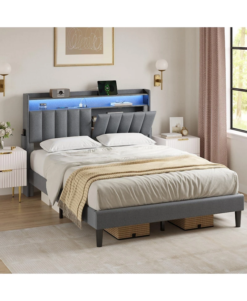 Hausource Queen/Full Size Bed Frame w/Storage Headboard & Charging Station & Led Light No Box Spring Needed, Full