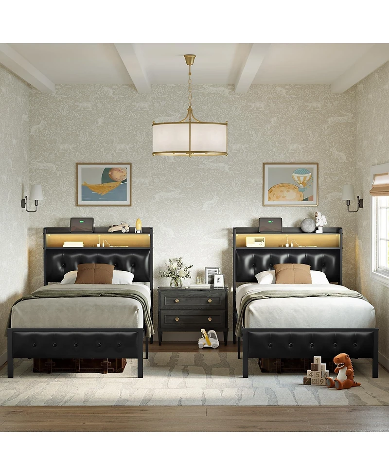 Hausource King/Twin Size Bed Frame with Storage Headboard & Charging Station Upholstered Platform Bed, Twin