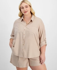 And Now This Trendy Plus Size Striped Roll-Tab Shirt, Exclusively at Macy's
