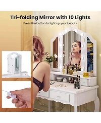 Makeup Vanity Set with Tri-Fold Mirror & Led Lights 4 Drawers Open Shelf