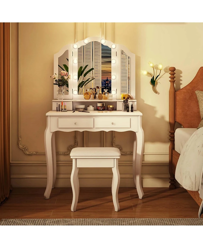 Makeup Vanity Set with Tri-Fold Mirror & Led Lights 4 Drawers Open Shelf