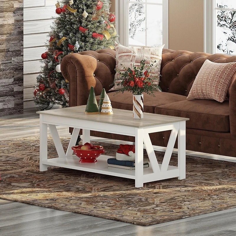 Wlive Farmhouse Coffee Table,Living Room Table with Storage,43 in Wood Center Table with V-Shaped Frame for Home Office,Apartment