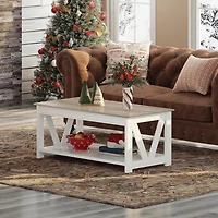 Wlive Farmhouse Coffee Table,Living Room Table with Storage,43 in Wood Center Table with V-Shaped Frame for Home Office,Apartment