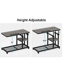 Tribesigns Height Adjustable C Table with Wheels and Tiltable Drawing Board, Sofa Bedside Laptop Stand C Shaped Tv Tray with Storage Shelves (Grey)
