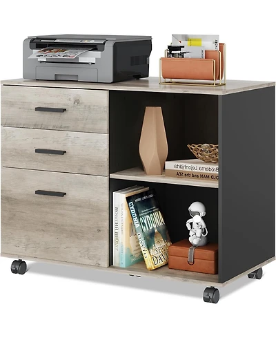 3-Drawer Wood File Cabinet, Mobile Lateral Filing Cabinet, Printer Stand with Open Storage Shelves for Home Office
