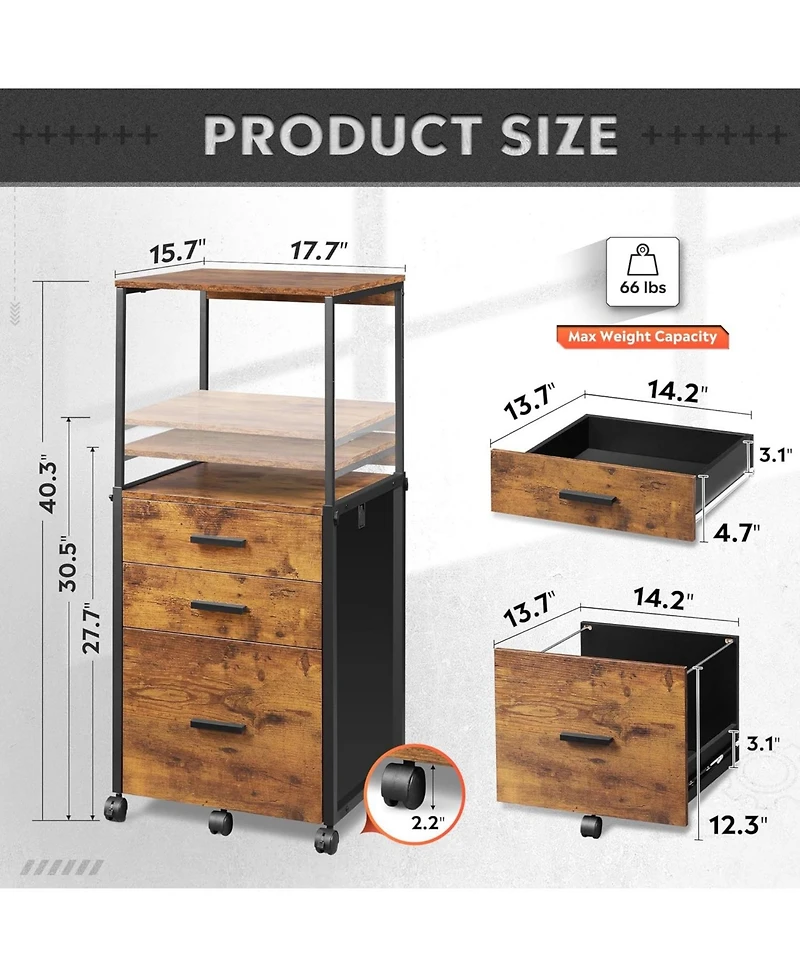 Galaxhero File Cabinet with Storage Drawers, Rolling Printer Stand with Adjustable Shelves, Wood Filing Cabinet for Home Office, Rustic Brown