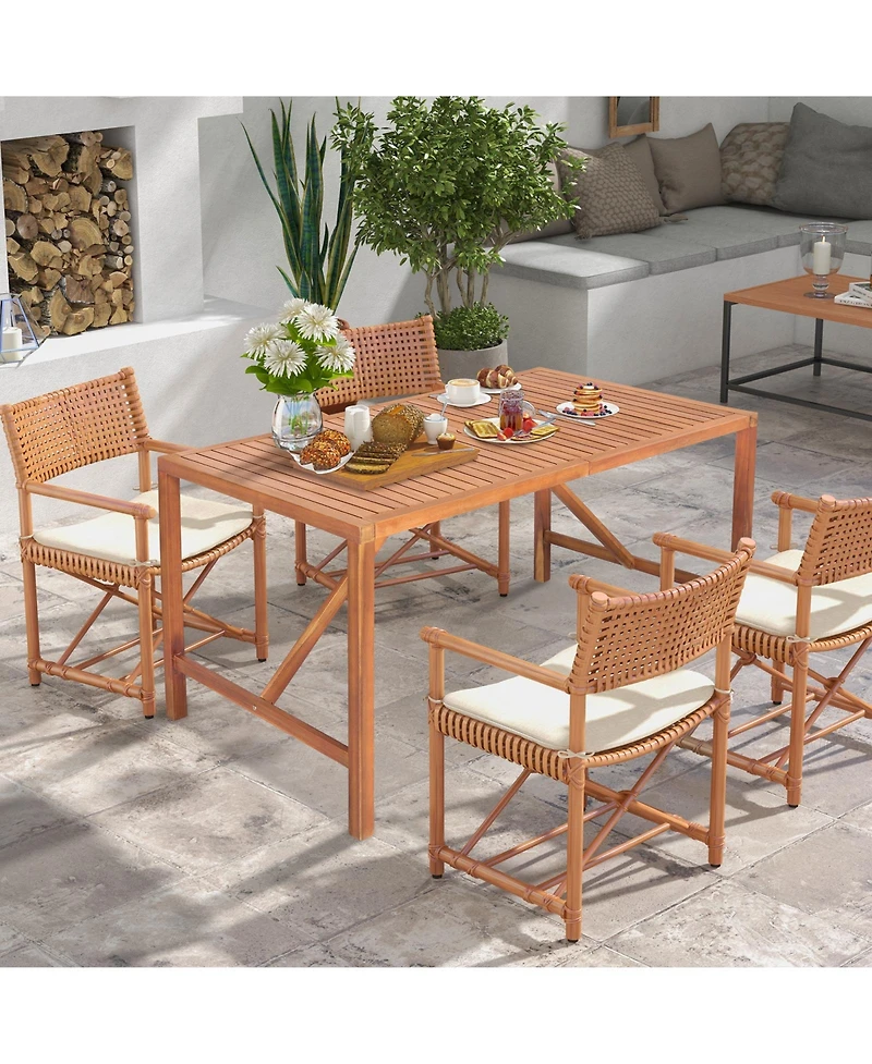 Sugift 55 Inch Patio Rectangular Acacia Wood Dining Table with Umbrella Hole