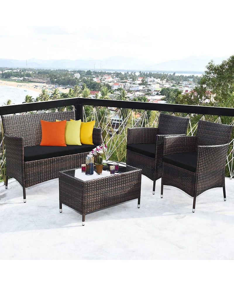 Sugift 4 Pieces Rattan Sofa Set with Glass Table and Comfortable Wicker for Outdoor Patio-Black