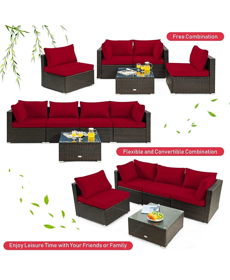 Sugift 5 Pieces Cushioned Patio Rattan Furniture Set with Glass Table-Red