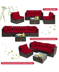 Sugift 5 Pieces Cushioned Patio Rattan Furniture Set with Glass Table-Red