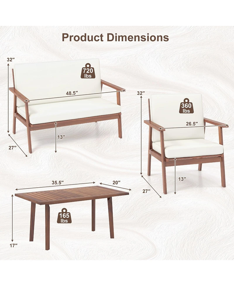 Sugift 4 Piece Outdoor Acacia Wood Conversation Set with Soft Seat and Back Cushions-White