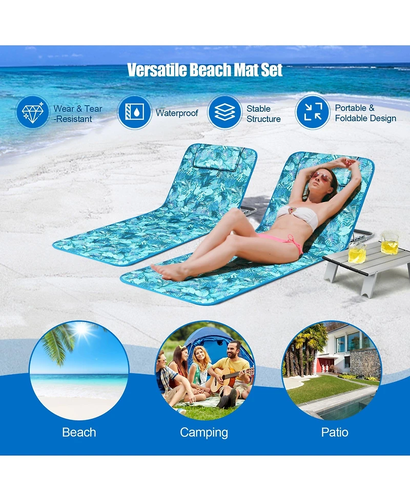 Sugift 3 Pieces Beach Lounge Chair Mat Set 2 Adjustable Lounge Chairs with Table Stripe-Green