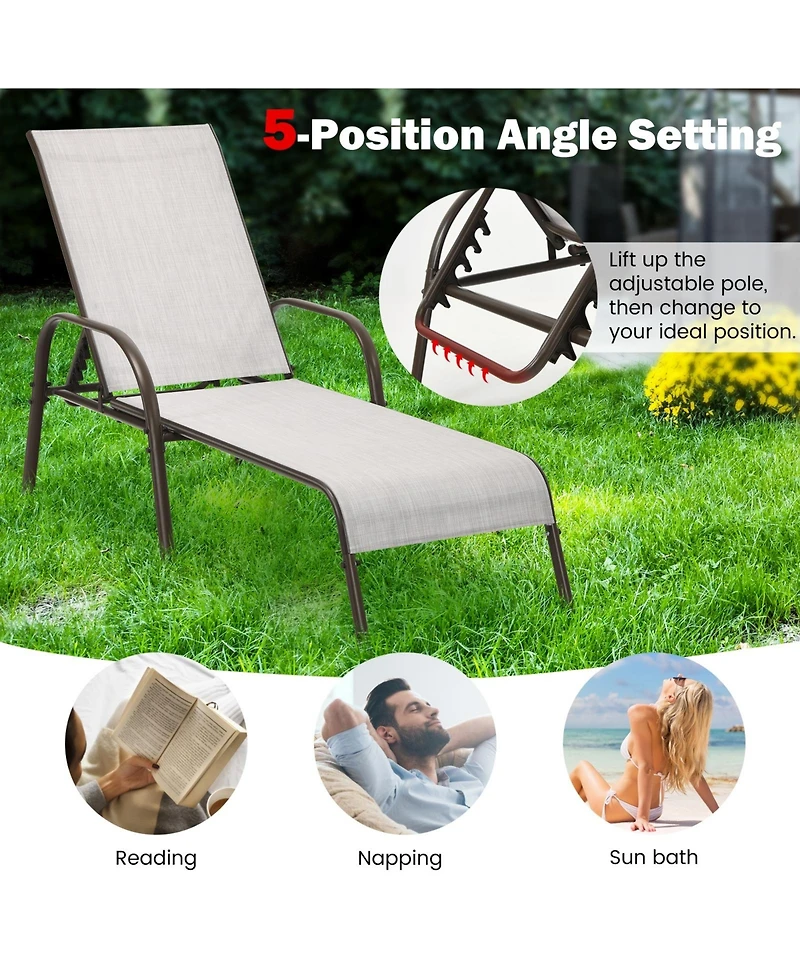 Sugift Adjustable Patio Chaise Folding Lounge Chair with Backrest-Gray