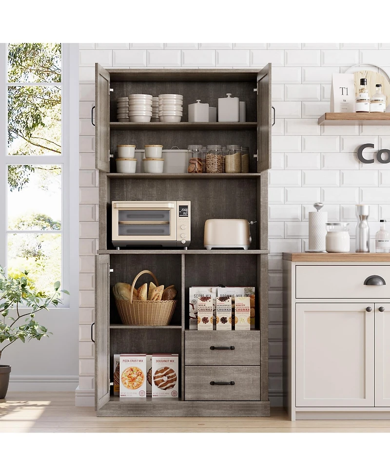 gaomon Modern Kitchen Pantry Cabinet with Microwave Stand, Tall Hutch Bar Cabinet with Drawers & Adjustable Shelves
