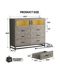 Dresser For Bedroom With Led Lights And Charging Station, 6 Drawer Double Dresser With 2 Shelves, Wide Modern Wooden Chest Of Drawers For Bedroom, Ent