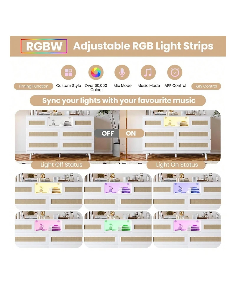gaomon Natural Rattan Dresser For Bedroom With Led Light And Charging Station, 6 Drawer Double Dressers, Modern Wooden Dresser Chest, Beside Table For