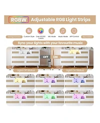 gaomon Natural Rattan Dresser For Bedroom With Led Light And Charging Station, 6 Drawer Double Dressers, Modern Wooden Dresser Chest, Beside Table For