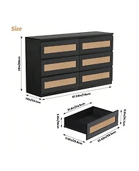 Rattan Dresser For Bedroom, 6 Drawer Dresser For Bedroom, Modern Wide Chest Of Drawers With Anti-Tip Kit