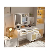 gaomon Makeup Vanity With Lights In 3 Colors And Openable Mirror, Vanity Desk With 4 Drawers, 1 Cabinets And Shelves, Vanity Table Rattan Vanity Dress