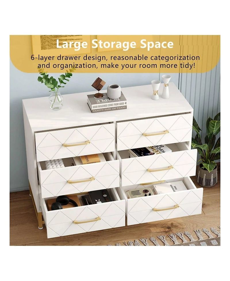 gaomon Dresser For Bedroom With 6 Drawer Double Dressers, Modern Wooden Dresser Chest, Beside Table For Closet, Nursery, Living Room