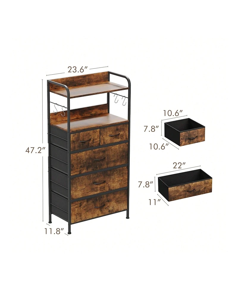 Dresser For Bedroom With 5 Drawers, Dressers & Chests Of Drawers For Hallway, Entryway, Storage Organizer Unit With Fabric, Sturdy Metal Frame, Wood T