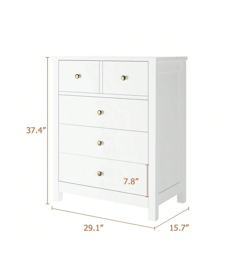 Chest Of Drawers With 5 Drawers, Wood Dresser Organizer With Metal Handle, Modern Dresser For Bedroom, Living Room,Entryway, Hallway, Home Office,, An