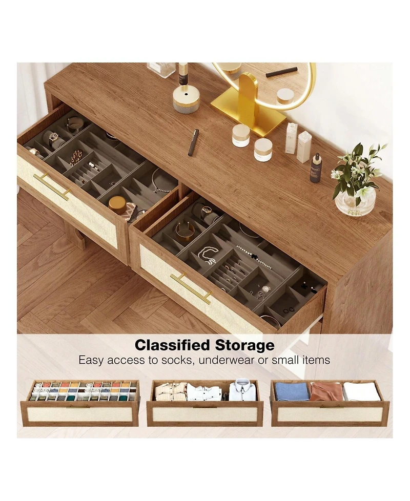 gaomon Modern 6 Drawer Double Dresser For Bedroom, Modern Wooden Dresser Chest With Golden Handles, Beside Table For Closet, Living Room And Entryway,