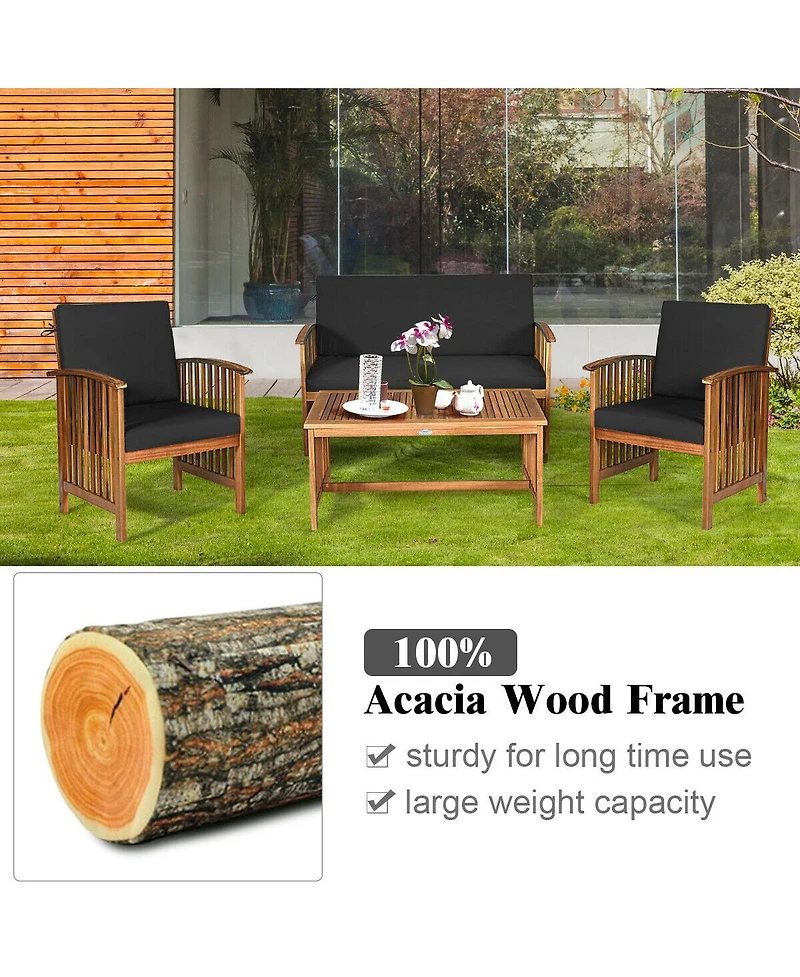 Sugift 4 Pieces Patio Solid Wood Furniture Set with Water Resistant Cushions