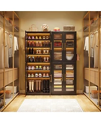 Tribesigns Tall Shoe Cabinet with Acrylic Doors and Led Lights, 8-Tier Entryway Storage Rack Adjustable Shelves Hanging Hooks