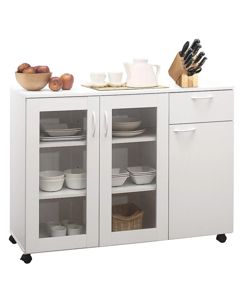 Kings Brand Furniture Buffet Server Sideboard Kitchen Storage Cabinet with Adjustable Shelves & Drawer, White Wood & Glass