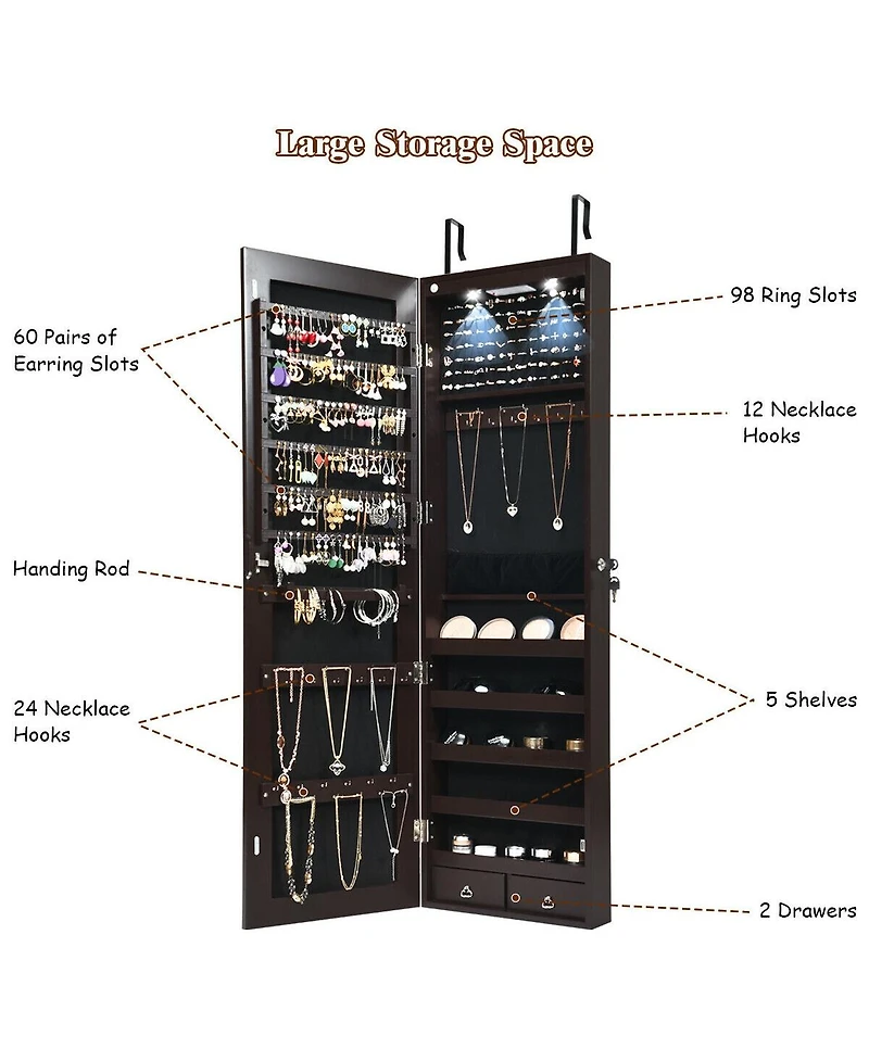 Sugift Wall and Door Mounted Mirrored Jewelry Cabinet with Lights-Brown