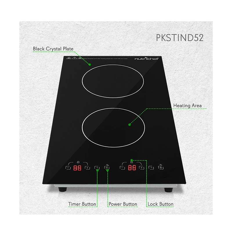 NutriChef Dual Induction Cooktop with Digital Display and Adjustable Temperature, Compact Double Burner - PKSTIND52