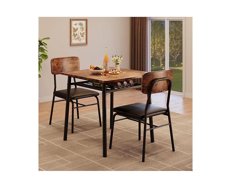 gaomon 3-Piece Dining Table Set, Modern Kitchen Table Set for 2, Dining Table and Chairs for 2 with Metal Frame, Storage Rack, Square Table and 2 Padd