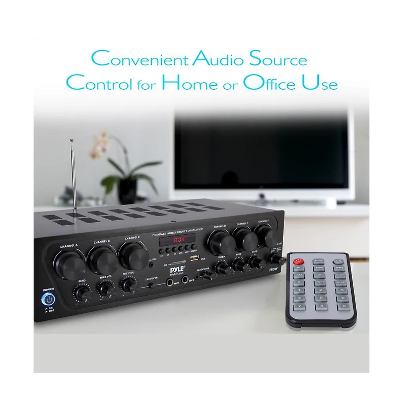 Pyle 6-Channel Wireless Bluetooth Home Audio Amplifier with Fm Radio, MP3/Usb/Sd Playback - 750W Max, PTA62BT