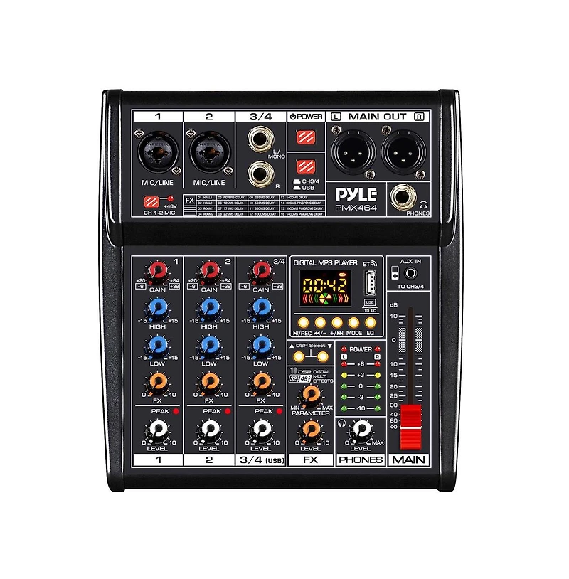 Pyle 4-Channel Audio Mixer with Fx Processor, Usb Interface, and MP3 Player - PMX464