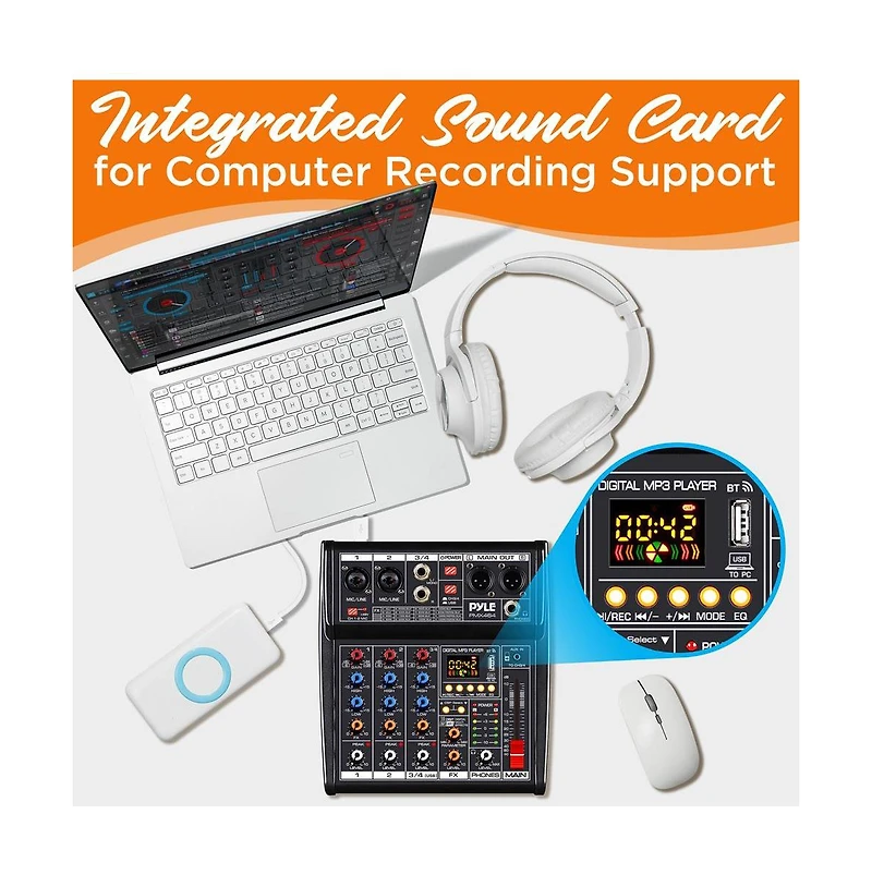 Pyle 4-Channel Audio Mixer with Fx Processor, Usb Interface, and MP3 Player - PMX464