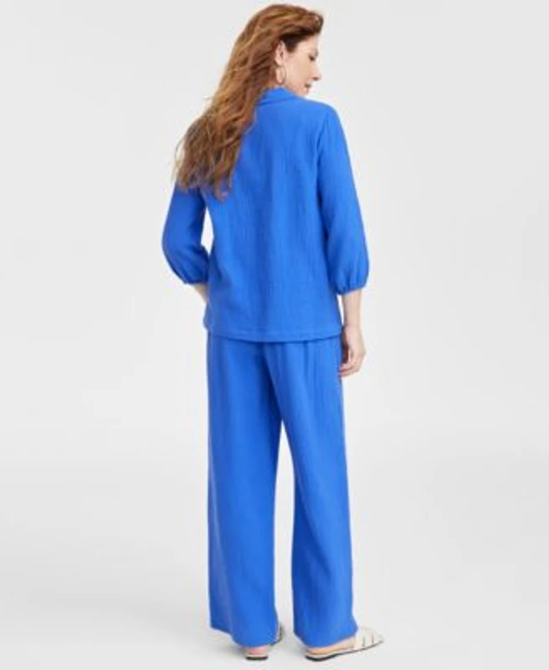 Jm Collection Womens Cotton Embellished Top Wide Leg Gauze Pants Exclusively At Macys
