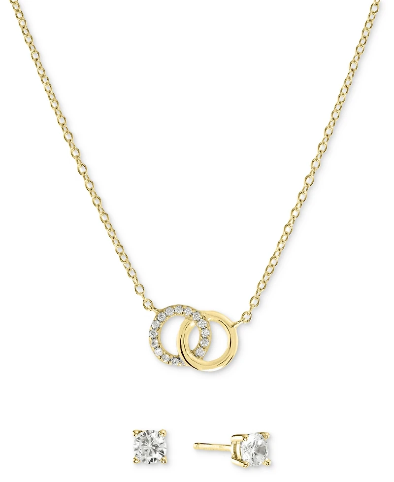2-Pc. Set Cubic Zirconia Interlocking Rings Pendant Necklace & Solitaire Stud Earrings Sterling Silver (Also available 14k Gold over Si