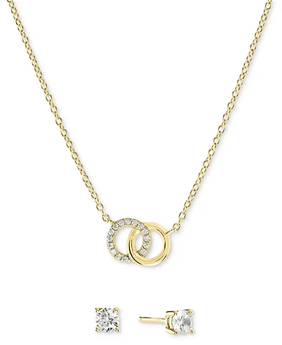 2-Pc. Set Cubic Zirconia Interlocking Rings Pendant Necklace & Solitaire Stud Earrings Sterling Silver (Also available 14k Gold over Si