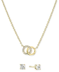 2-Pc. Set Cubic Zirconia Interlocking Rings Pendant Necklace & Solitaire Stud Earrings Sterling Silver (Also available 14k Gold over Si