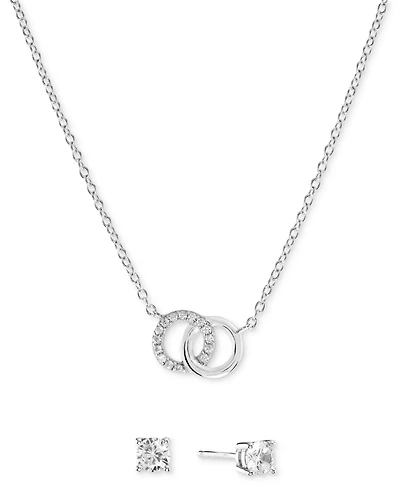 2-Pc. Set Cubic Zirconia Interlocking Rings Pendant Necklace & Solitaire Stud Earrings in Sterling Silver (Also available in 14k Gold over Sterling Si