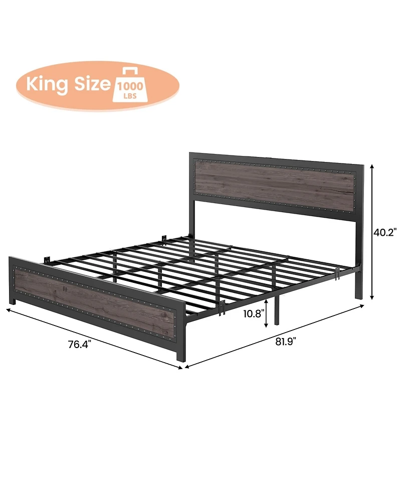 gaomon King Bed Frame with Headboard, Industrial Platform Charging Station