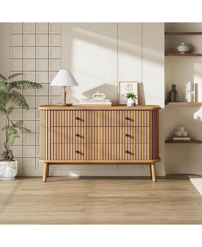 6 Drawer Dresser, Horizontal Chests Of Double Drawers For Bedroom, Mid Century Dresser With Black Handles And Wooden Legs