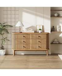 6 Drawer Dresser, Horizontal Chests Of Double Drawers For Bedroom, Mid Century Dresser With Black Handles And Wooden Legs