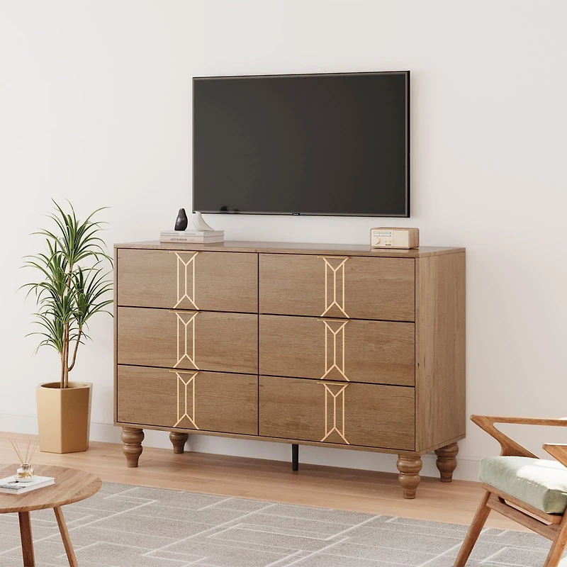 gaomon 6 Drawer Dresser With Deep Drawers For Bedroom, Modern Wooden Chest Dresser With Deep Drawers With Vintage Pattern Design