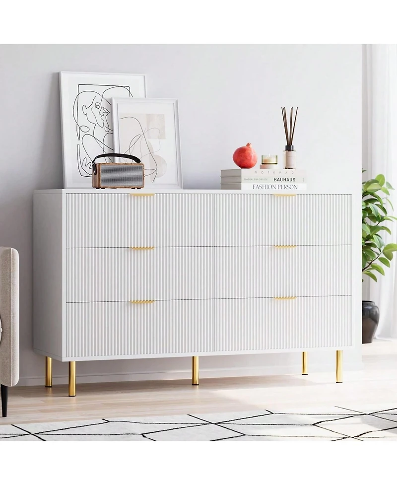 6 Drawer Dresser For Bedroom, 56" Wide Wood Dresser Organizer With Metal Legs, Modern Chest Of Drawers For Bedroom, Hallway