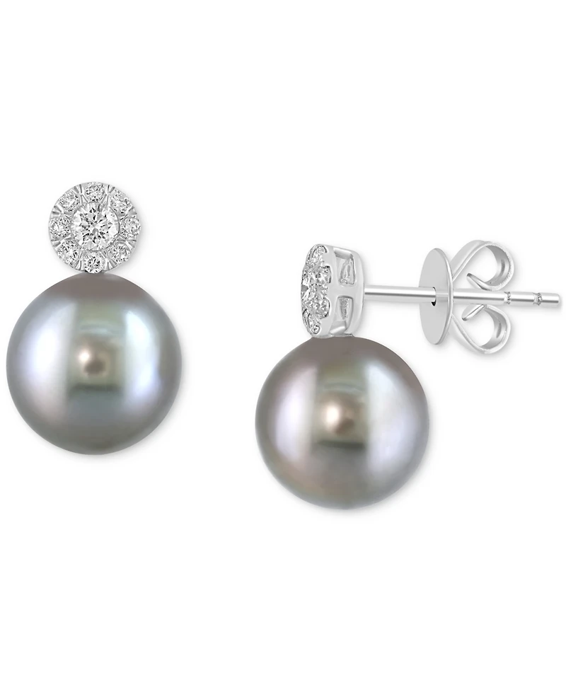 Effy Cultured Black Tahitian Pearl (9mm) & Diamond (1/4 ct. t.w.) Stud Earrings in 14k White Gold