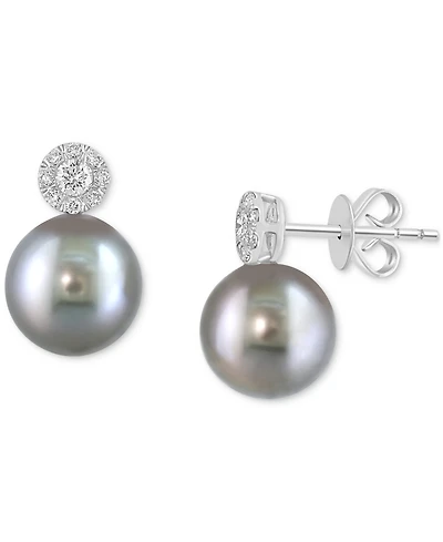 Effy Cultured Black Tahitian Pearl (9mm) & Diamond (1/4 ct. t.w.) Stud Earrings in 14k White Gold