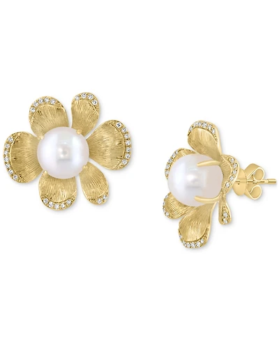 Effy Cultured Freshwater Pearl (8.5MM) & Diamond Flower Earrings (1/5 ct. t.w.) in 14k Yellow Gold