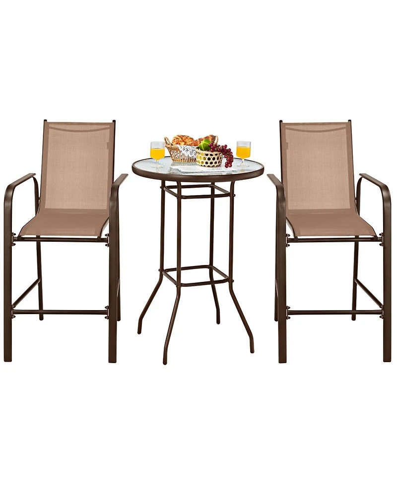 Sugift 3 Pieces Outdoor Patio Bar Table Stool Set-Brown